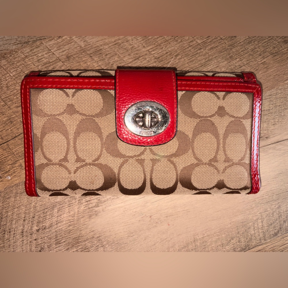 coach Red and Tan Wallet with Logo Pattern